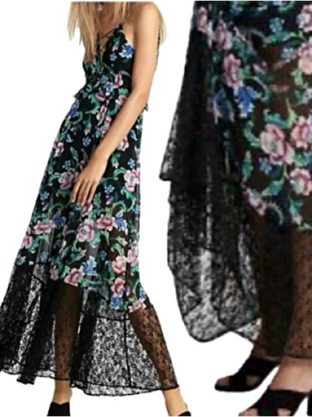 EXPRESS Floral Sheer Lace Mix Maxi Dress Size 4 Small Ruffle Backless Slipdress